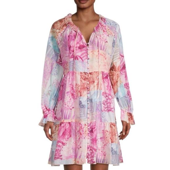 Johnny Was Jade Etta Pink Patchwork Floral Silk Cotton Dress Size L Boho - Picture 1 of 12